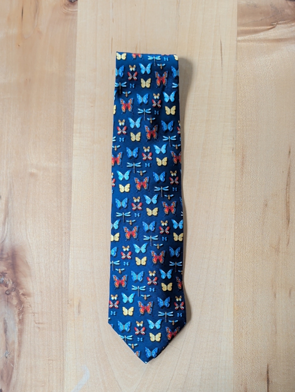 Men's Navy Tie with Colorful Butterfly & Dragonfly Motif